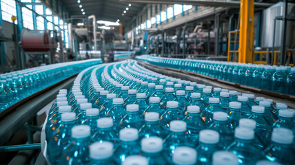 Obraz premium Plastic water bottle factory - bottle production line in factory. plastic production technology, environmental pollution