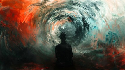 Abstract of lone man with dark swirling clouds feeling anxiety and confusion engulfing