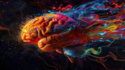 Creative art brain explodes with paints with splashes on a black background, concept idea