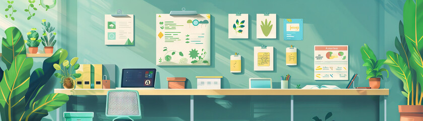 Sustainability Officer's Wall: Adorned with sustainability goals posters, eco-friendly product samples, and a board with sustainability reports