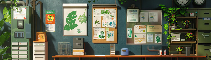 Sustainability Officer's Wall: Adorned with sustainability goals posters, eco-friendly product samples, and a board with sustainability reports