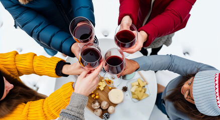Top View: Winter Wine & Cheese Gathering. Looking down on a cozy winter gathering with friends enjoying red wine and a cheese platter in the snow. Winter Gathering concept