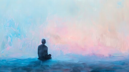 Solitary man sitting in contemplation amidst a backdrop of soft pink and blue
