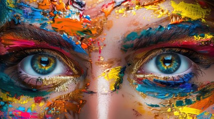 Obraz premium Creative sight. Painted eyes with colorful brushes