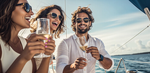 Summer Fun on the Sea. Friends having a joyous time on a yacht, toasting with champagne and soaking up the summer sun.