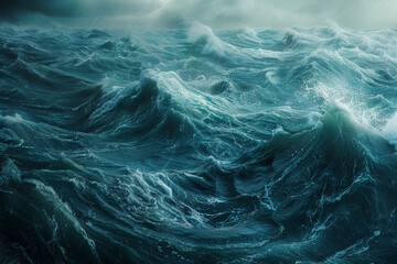 Fototapeta premium Realistic photo of big stormy waves in the ocean, high detail, high resolution, professional photograph, in the style of Superresolution
