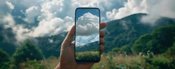 A conceptual shot of a hand holding a smartphone in a natural setting, with the screens cloud symbol reflecting the sky above, blending technology with the environment
