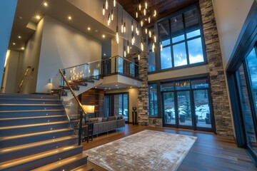 Fototapeta premium A modern living room featuring an array of furniture against a backdrop of numerous windows, A contemporary showpiece with high ceilings, a grand staircase, and custom-designed lighting fixtures