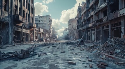 Apocalypse survivor concept, Ruins of a city. Apocalyptic landscape 3d render , 3d illustration concept