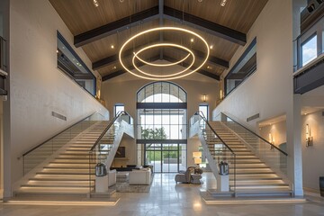 Fototapeta premium Large open lobby featuring stairs and a chandelier hanging from high ceilings, A contemporary showpiece with high ceilings, a grand staircase, and custom-designed lighting fixtures
