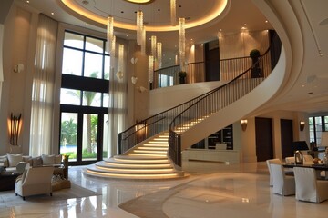 A large contemporary living room featuring a spiral staircase and high ceilings, A contemporary showpiece with high ceilings, a grand staircase, and custom-designed lighting fixtures