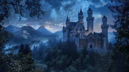 Fairy tale castle at dusk. 3d rendering