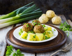 Frischer Lauch mit Petersilienkartoffeln und Frikadellen