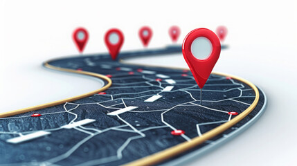 3D navigation concept with red location pins on a winding road