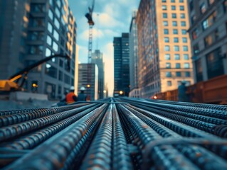Delivery of construction materials with a focus on rebars being unloaded from a truck, workers directing the operation, modern buildings in the background
