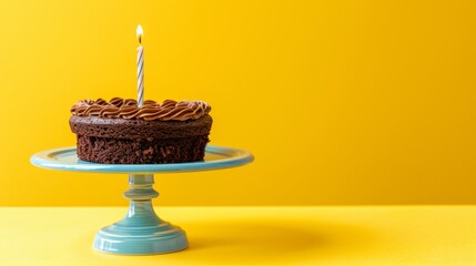   A single lit candle atop a chocolate cupcake on a blue cake stand, situated on a yellow table against a yellow backdrop