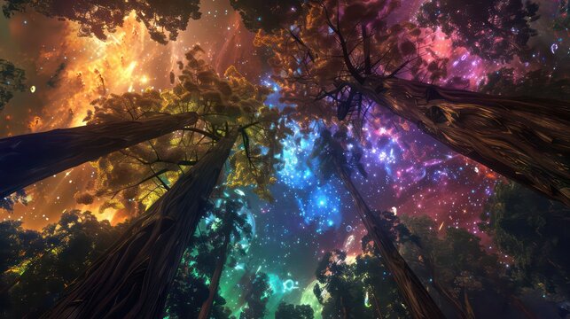 Huge trees of life blend with psychedelic colored galaxies with stars, galaxy clouds