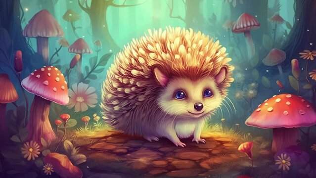 A cute hedgehog with flowers in his needles sits in a magical forest with mushrooms