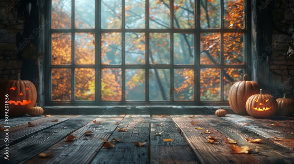 Poster A window with a view of trees and leaves on the ground. There are two pumpkins and one of them has a scary face