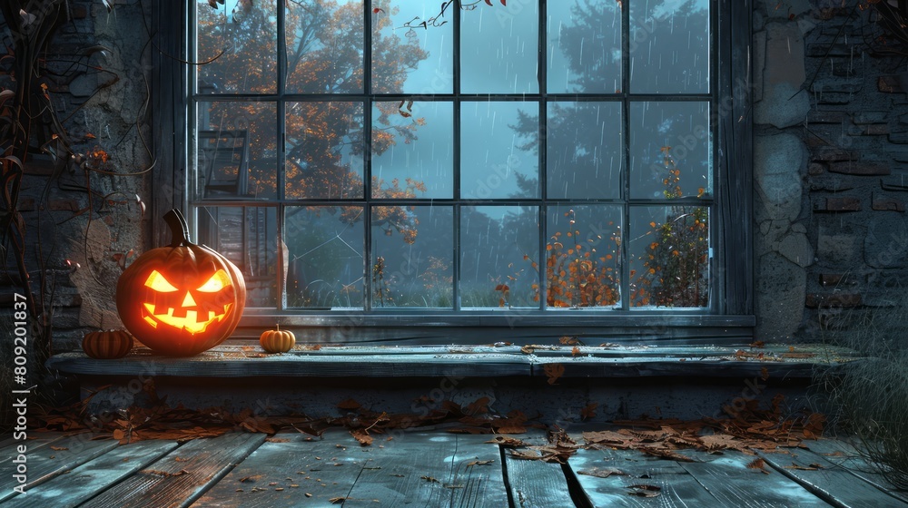 Aufkleber a window with a pumpkin and two pumpkins on the sill. the pumpkin on the sill is orange and has a sc