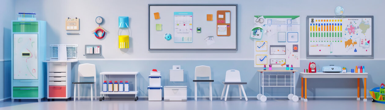 Speech Pathologist's Office Wall: Displaying speech therapy tools, language development charts, and a whiteboard with speech therapy goals
