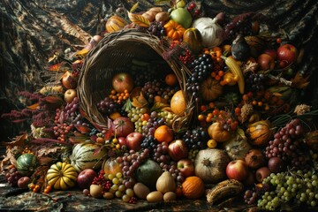 A painting depicting a basket overflowing with assorted fruits and vegetables, A cornucopia...