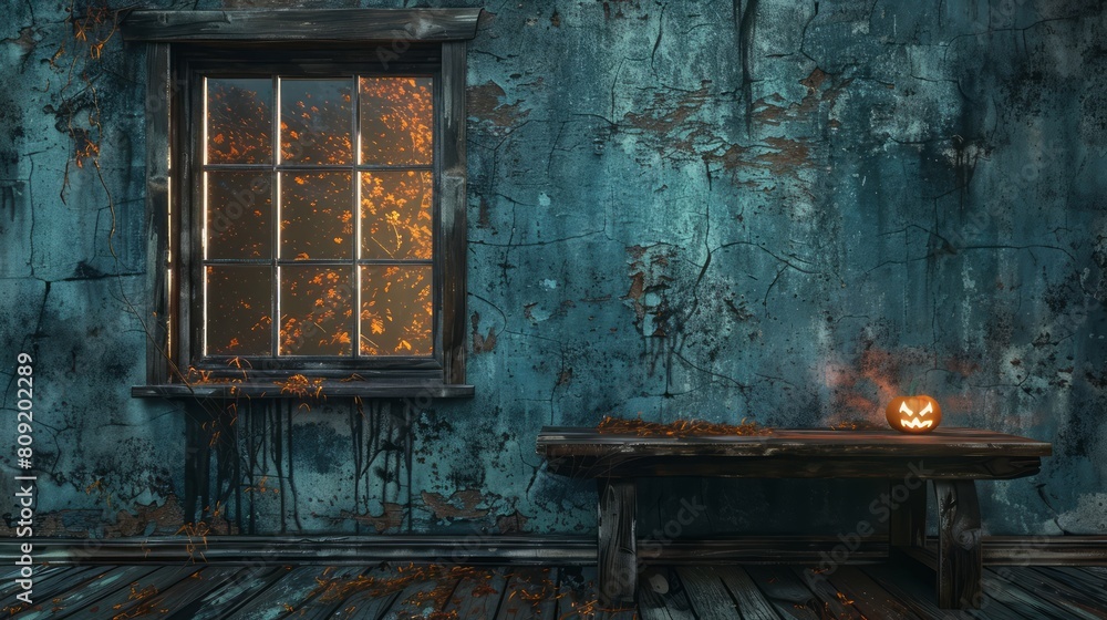 Poster a room with a window and a wooden table with a pumpkin on it. the room is dark and has a spooky atmo