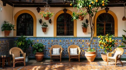 A patio with a variety of potted plants and chairs. The chairs are arranged in a row, and there are several potted plants in the background. Scene is relaxed and inviting - Powered by Adobe