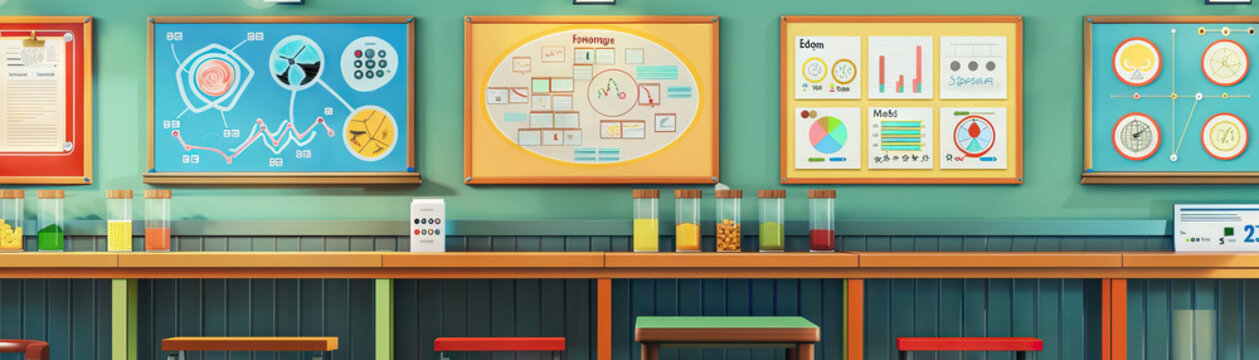 Science Educator's Classroom Wall: Adorned with science posters, educational diagrams, and a board with science lesson plans