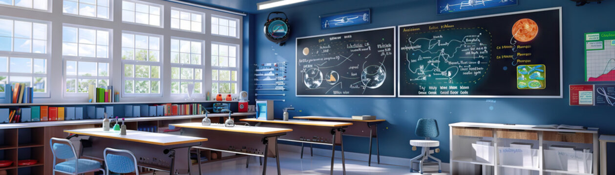 Science Educator's Classroom Wall: Adorned with science posters, educational diagrams, and a board with science lesson plans