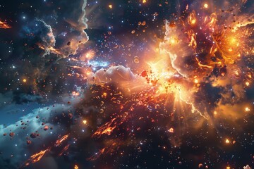Naklejka premium Vast space filled with numerous stars and colorful cosmic explosions, A cosmic backdrop with colorful explosions and cosmic dust clouds