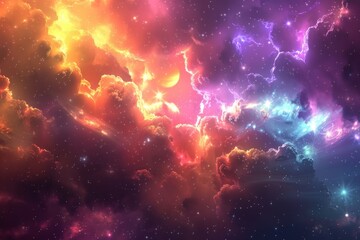 Naklejka premium A colorful sky filled with fluffy clouds and twinkling stars creating a cosmic backdrop, A cosmic backdrop with colorful explosions and cosmic dust clouds