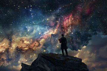 A man stands on a cliff, gazing up at the stars in the night sky, A cosmic interpretation of the ten commandments