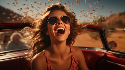 Beautiful young woman in sunglasses driving convertible car in the desert.