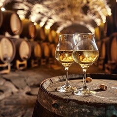Two wine glasses are on a wooden table in a wine cellar