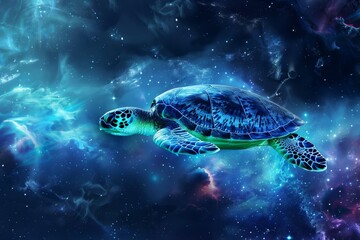 A painting depicting a turtle gracefully swimming through the cosmos, surrounded by stars and galaxies, A cosmic turtle traveling through outer space