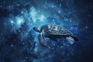 A painting depicting a turtle gracefully swimming in the vast expanse of outer space, A cosmic turtle traveling through outer space