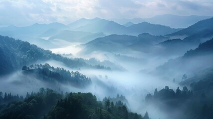 Misty mountain landscape at sunrise - Scenic view of rolling mountains enveloped in morning mist highlighted by a tranquil sunrise