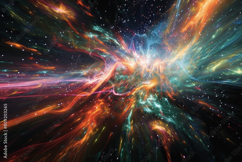 Poster cosmic void filled with streaks of colorful light, stars, and intersecting lines, a cosmic void with