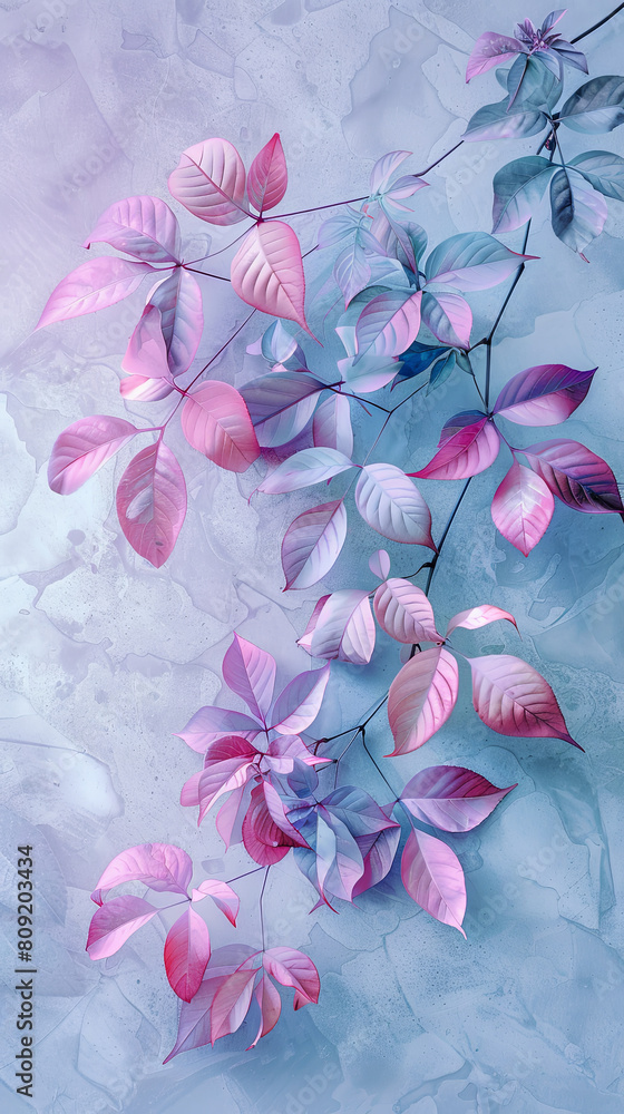 Poster vibrant leaves on textured icy background - this image showcases an array of leaves with a vibrant m