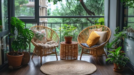Fototapeta premium A pair of wicker chairs are placed on a porch with a rug in the middle. The chairs are surrounded by potted plants and a vase. The scene has a cozy and inviting atmosphere, perfect for relaxing