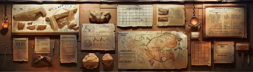 Archaeologist's Dig Site Wall: Adorned with excavation maps, artifact sketches, and a board with excavation progress reports