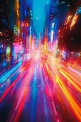 A city street with neon lights and cars