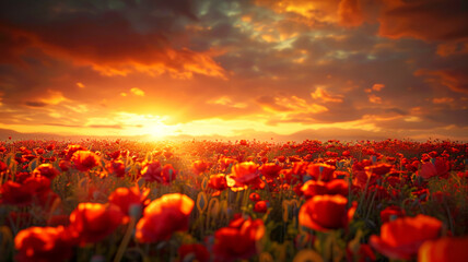 A field of red flowers with a bright orange sun in the sky