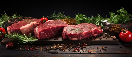 Raw beef steak on cutting board with herbs and spices on wooden background
