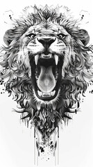 Obraz premium Explosive ink-style lion roaring art - This artwork depicts a roaring lion with an explosive ink-splatter style, creating a raw and powerful energy
