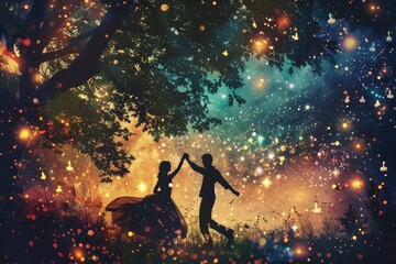 A man and woman are dancing together in the forest at night, illuminated by fairy lights, A couple dancing under the stars in a fairy-lit garden