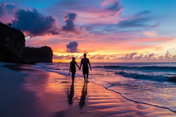 Fototapeta premium A man and a woman hold hands as they walk along the beach during sunset, A couple holding hands on a beach at sunset