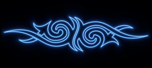 Striking Neon Blue Tribal Tattoo Design on Black Background - Intricate Swirls and Angular Lines for Modern Body Art Aesthetics