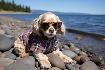 young puppy wearing sunglasses and a flannel shirt lays on a rocky beach by the sea